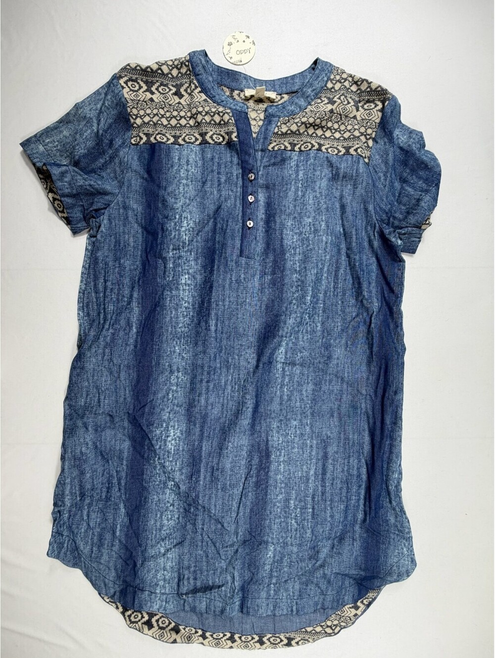 Oddi Blue Patterned Short Sleeve Button-Up Blouse Size M